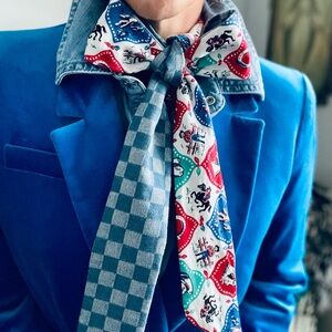 Vintage Inspired Retro Western Print and Checked Denim Skinny Scarf